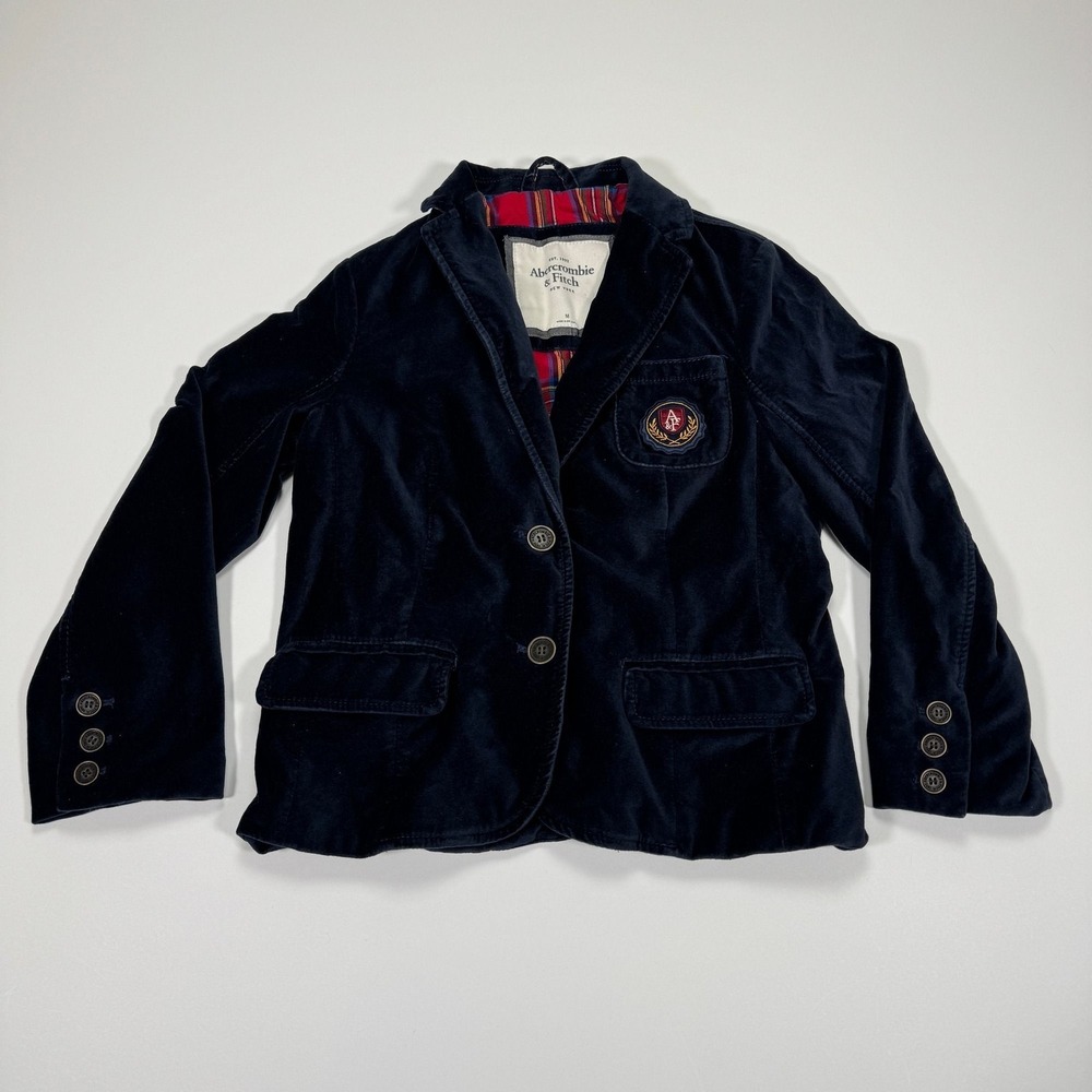 Abercrombie & Fitch Velvet Blazer Womens M Blue Crest Patch Preppy Plaid Lined - Picture 2 of 16